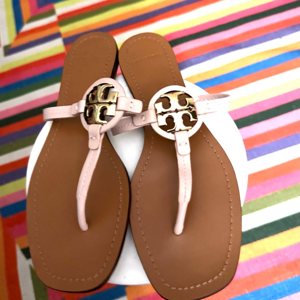Tory Burch Blush Pink Leather Logo Thong Sandals